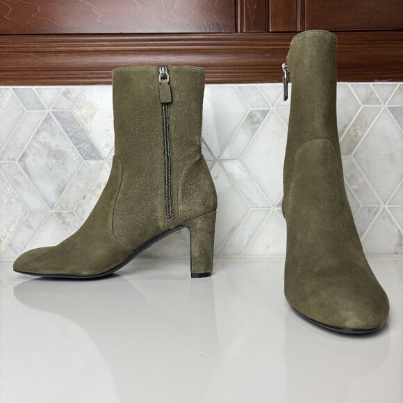 Stuart Weitzman Shoes - 8B Green Suede Leather Block Heel Zip Zipper Almond Toe Ankle Boot Bootie Vida